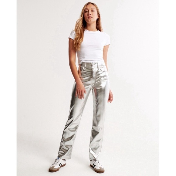 Abercrombie & Fitch Denim - Abercrombie & Fitch Ultra High Rise 90s Straight Silver Vegan Leather Pants